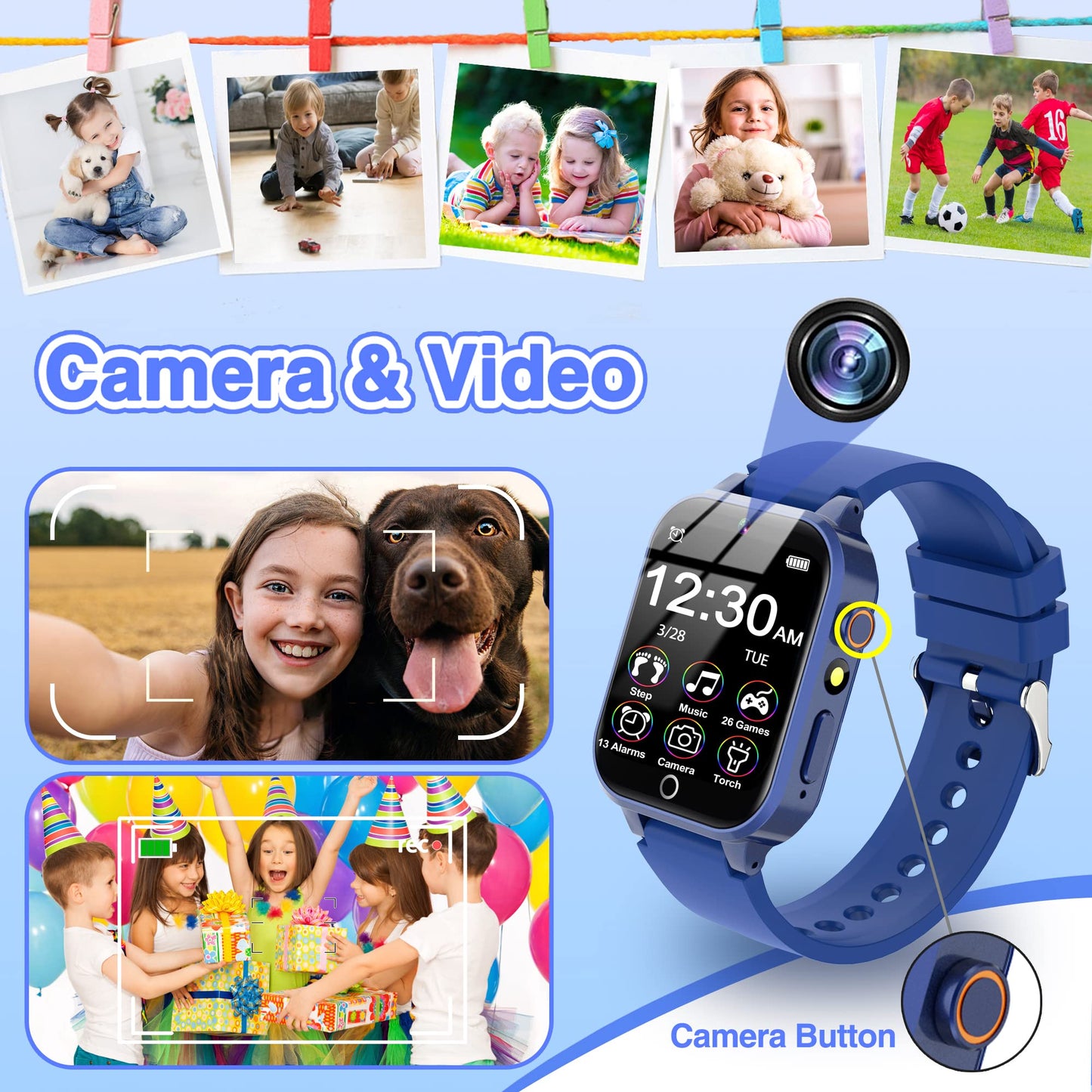 LITEYPP Kids Smart Watch Boys Girls, Smart Watch for Kids Toddler Watches with 13 Alarm Modes Habit Reminder Pedometer Flashlight Games Camera Video Music, Kids Gift Boys Toys for Kids, Blue