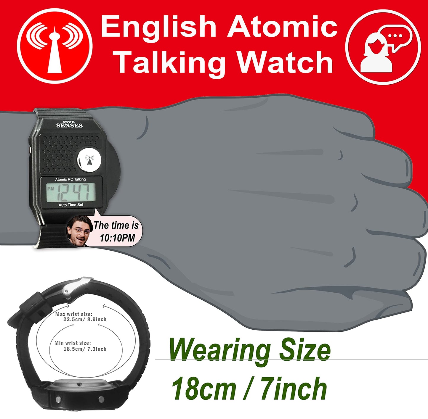 FIVE SENSES - English Atomic Talking Watch, Easy to use for Seniors Blind Men Women, Loud Talking Watch with Sound for Vision Impaired, Watches for Elderly Women, Blind People Products 1026