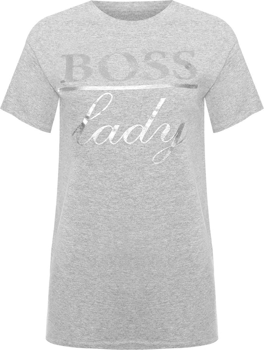 WearAll Women's Plus Boss Lady Slogan Foil Print Short Sleeve T-Shirt New Ladies Top - Light Grey - 18