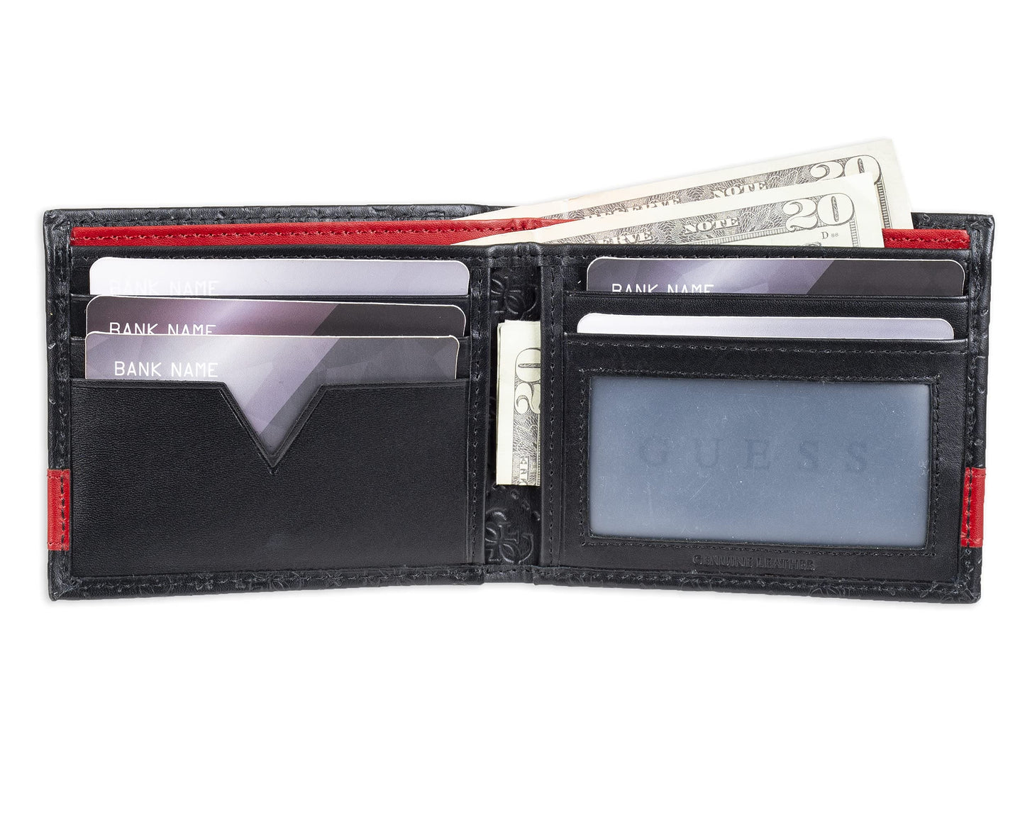 Guess Men's Leather Slim Bifold Wallet, Black/Red, One Size