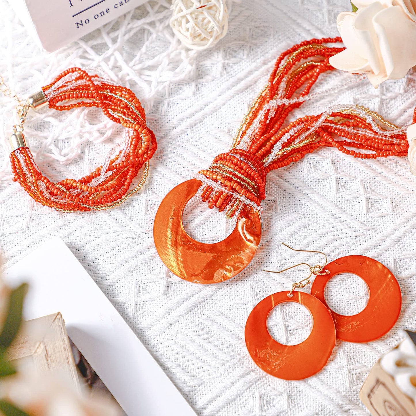 Fiada 4 Pcs Jewelry Set for Women Boho Necklace Earrings Bracelet Set Handmade Shell Beaded Collar Jewelry Pendant Earrings Chunky Multi Strand Statement for Women Girls Gift Summer Beach (Orange)