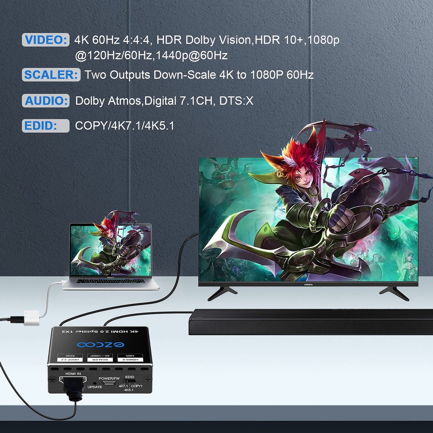 HDMI Splitter 4K 60Hz 1x2 1080P 120Hz HDCP HDR 18Gbps UHD D-olby Vision Atmos Scaler 4K EDID 1080P Dual Monitors HDMI 2.0 Splitter 1 in2 out for PS5,SkyQ,Xbox, Fire Stick BluRay Apple TV Projector