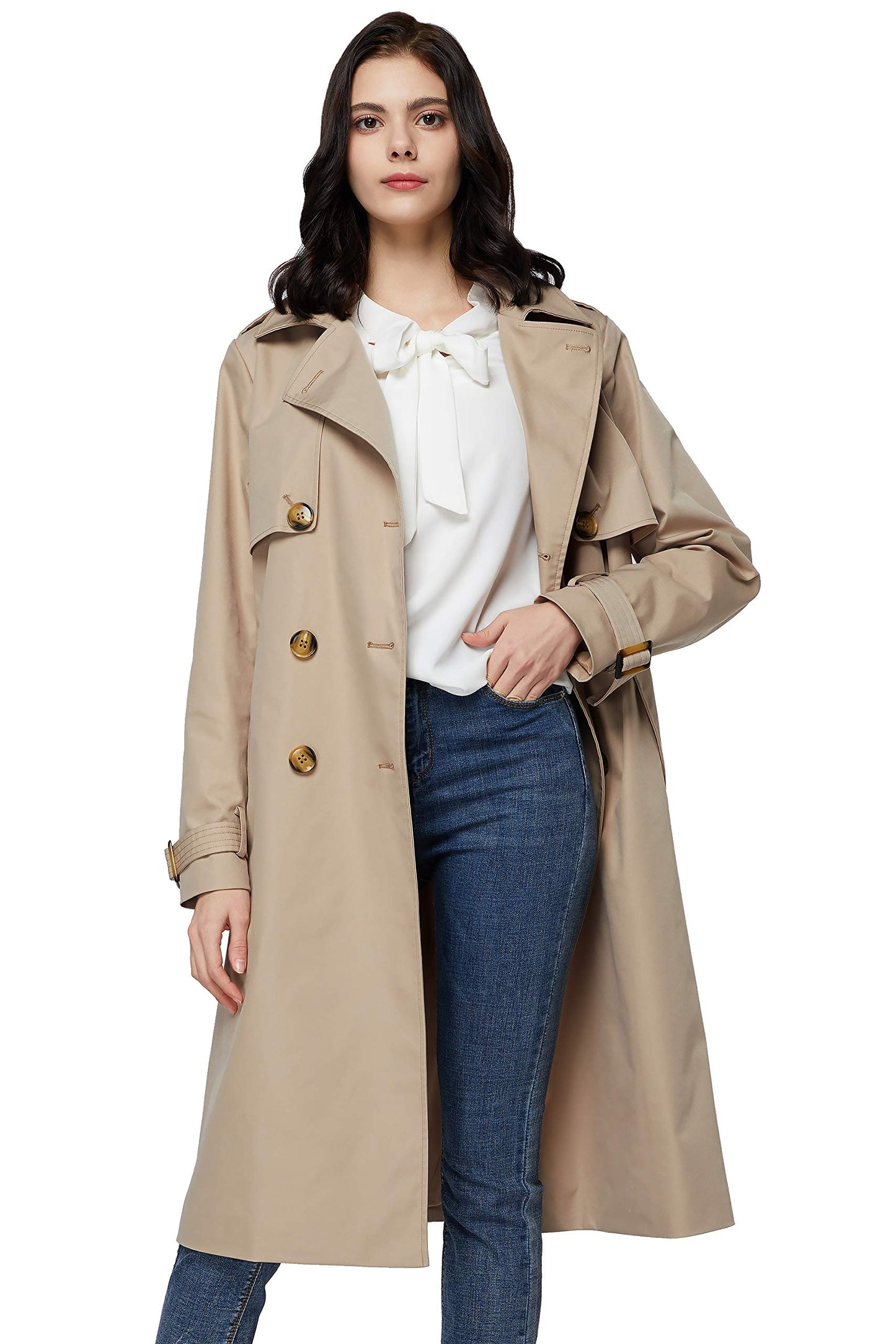 Orolay Long Trench Coat for Women with Belt Lightweight Double-Breasted Duster Trench Coat Slim Fit Khaki XL