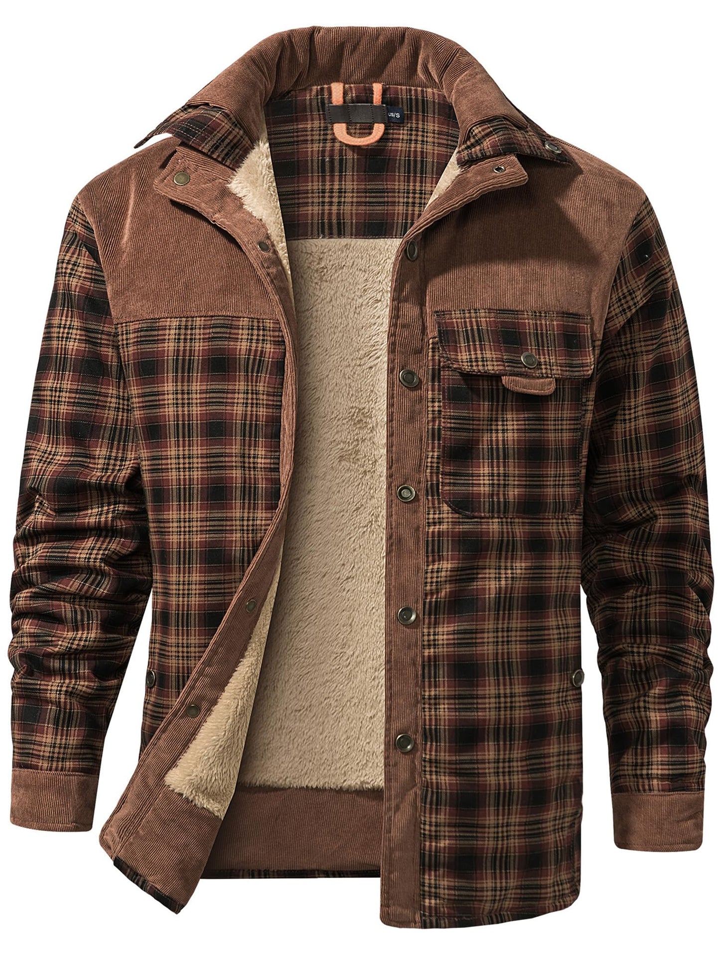 Mr.Stream Men's Padded Lumberjack Casual Long Sleeve Plaid Flannel Fur Lined Button Warm Shirt Sherp Jacket 3251 Red Coffee XL