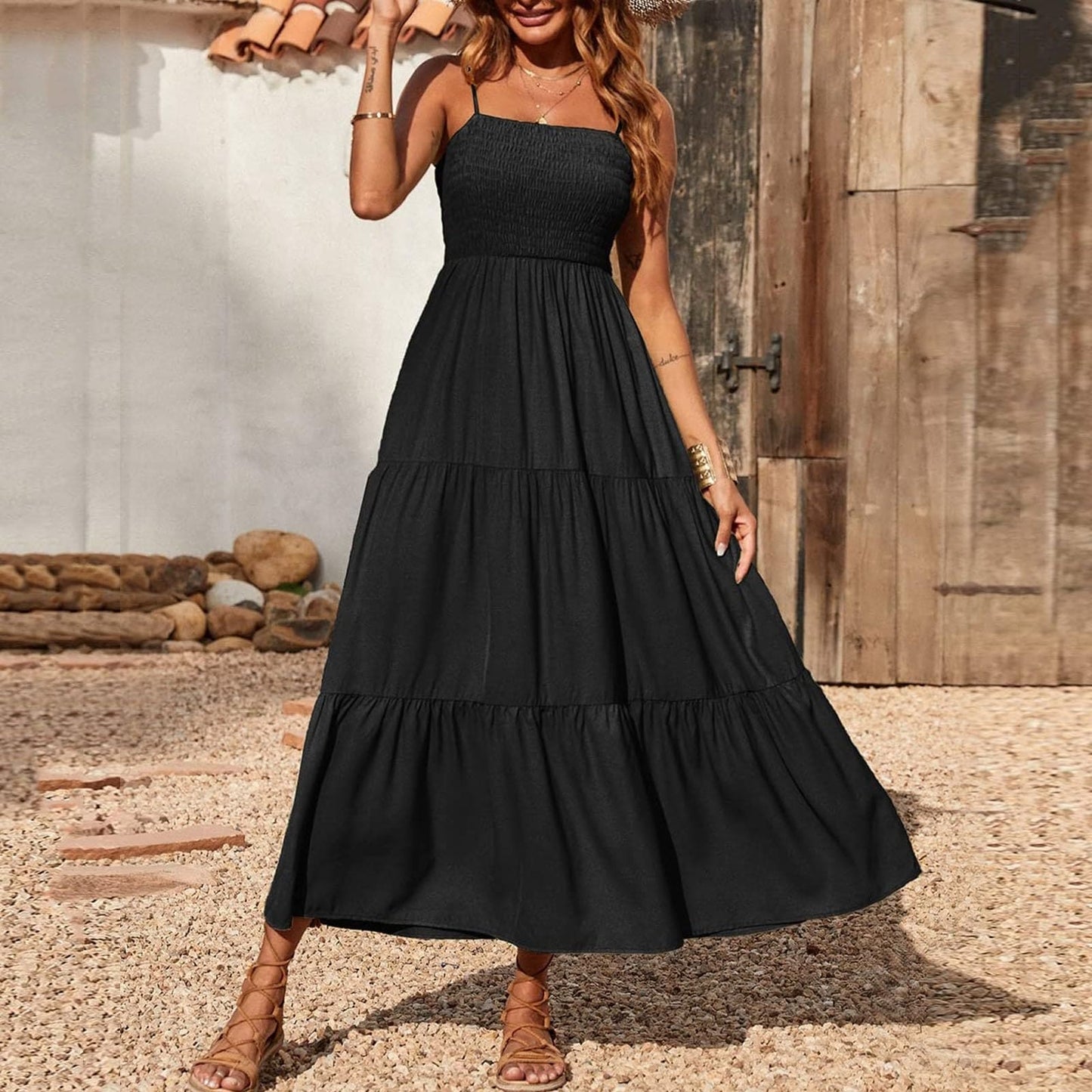 Summer Dresses for Women UK Clearance Bohemian Spaghetti Strap Smocked Tiered Long Beach Sun Dresses Sleeveless Solid Maxi Dress Ladies Maxi Dresses Plus Size Petite Sexy Dress UK Size