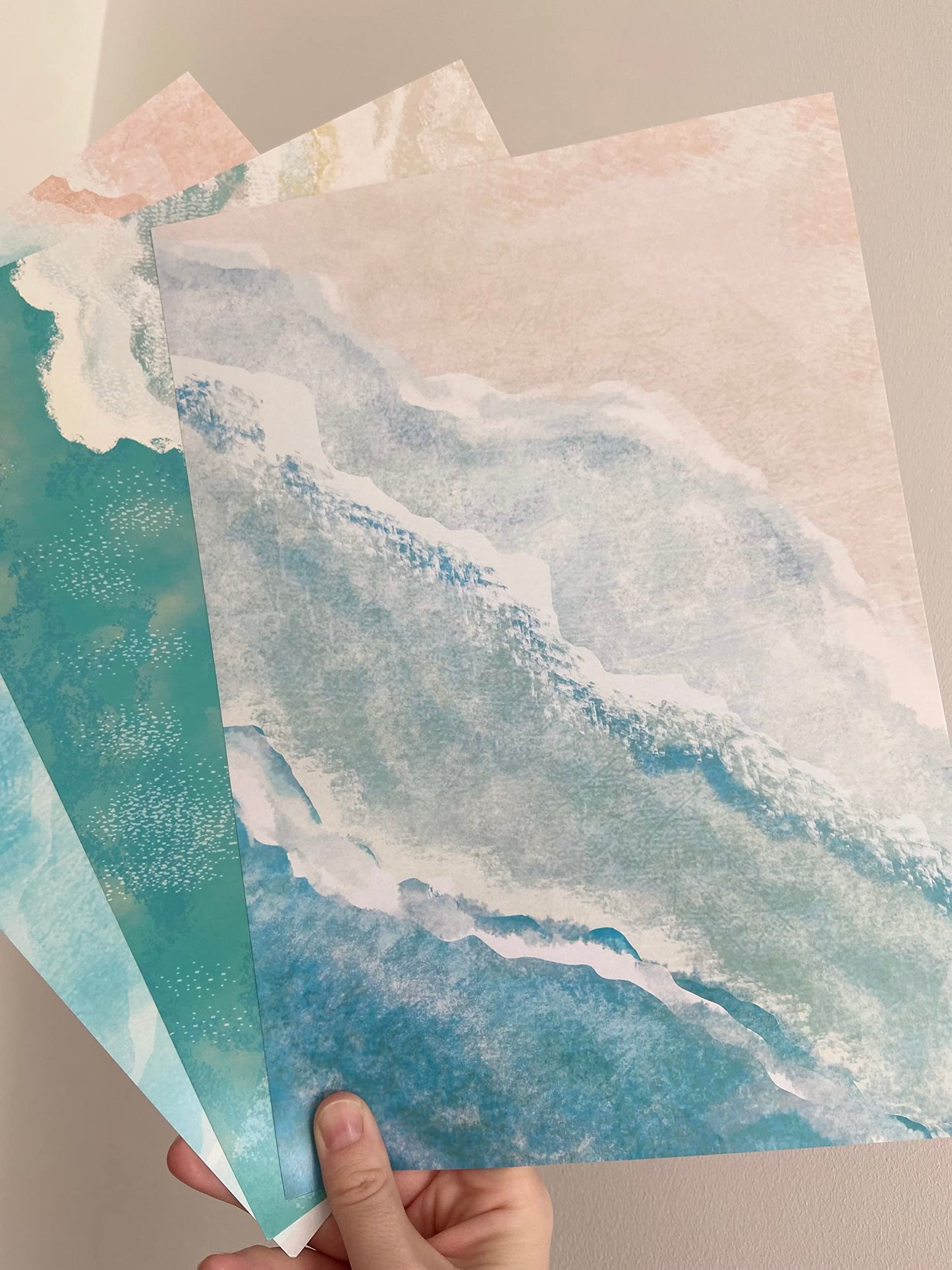 Abstract Beach Waves Set of 3 Unframed Wall Prints, Beach Sea Sand Coastal Landscape Bathroom Wall Art, Home Décor, Watercolour Style Abstract, Ocean Gallery Wall Art (A4)