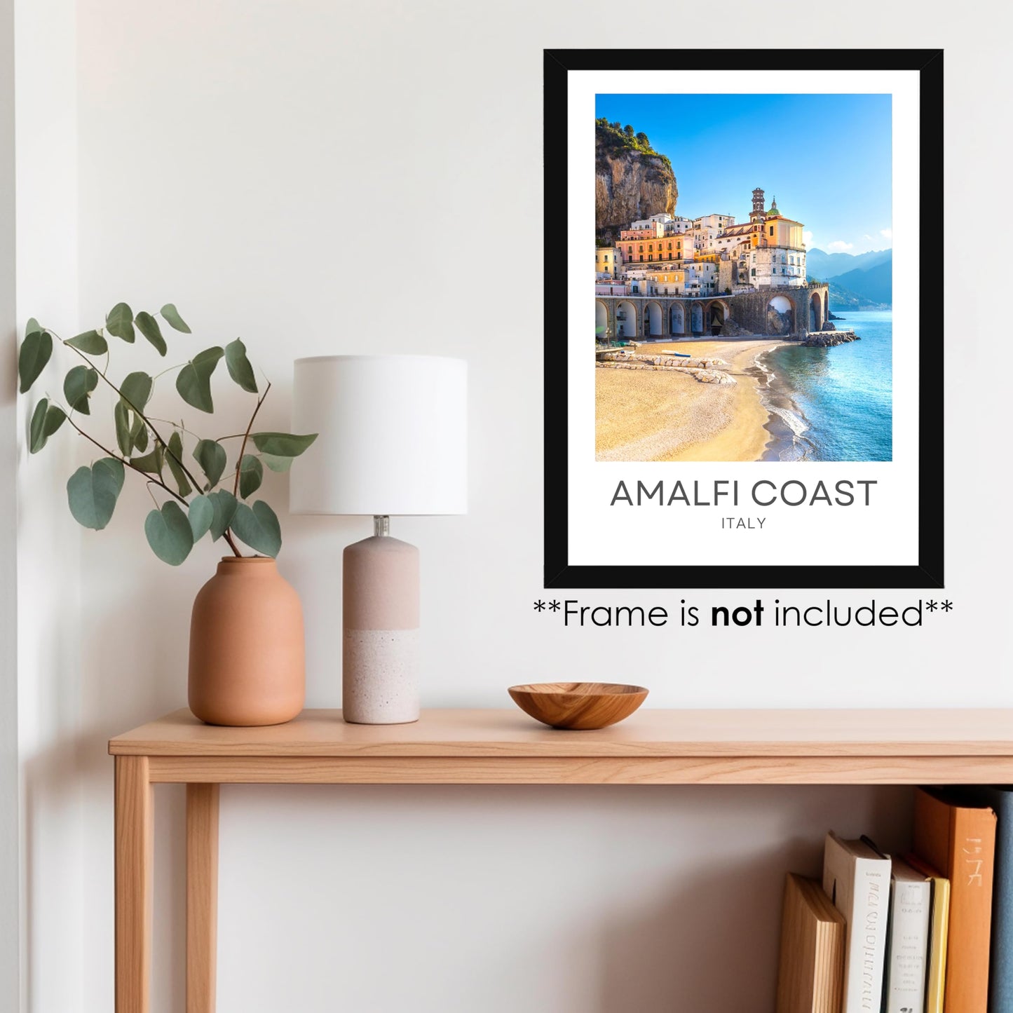 Amalfi Coast Italy Unframed A3 Travel Print, Photographic City Destination Art Poster, Home Décor Wall Art, Atrani Colourful Fishing Village Cliffside Houses, Orange Yellow Blue, 42cm x 29.7cm (A3)