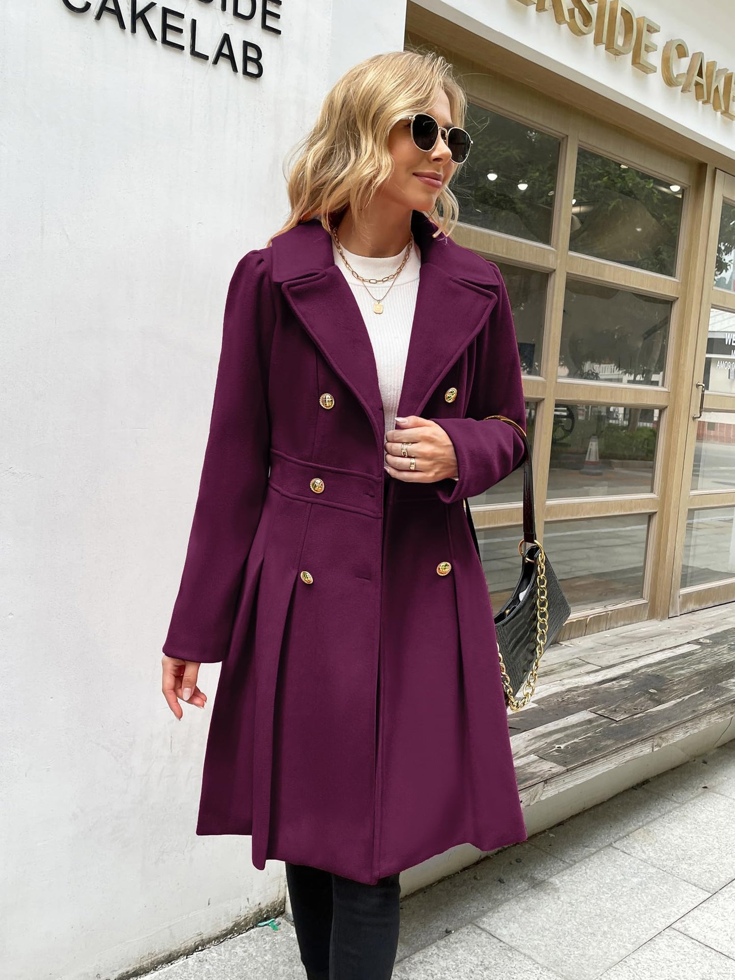 GRACE KARIN Women's Elegant Double-Breasted Coat Windproof Trench Coat Outwear for Winter A-Line Peacoat L Dark Purple