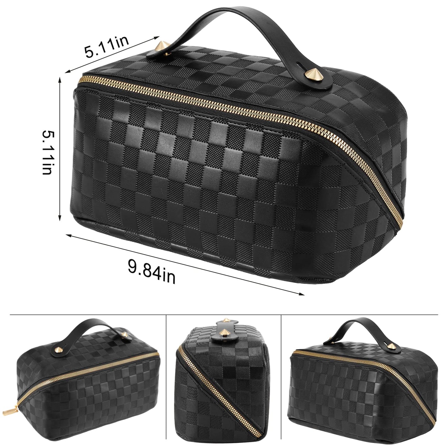 ALEXTINA Large Capacity Travel Cosmetic Bag - Portable Makeup Bags for Women Travel Toiletry Bag Waterproof Leather Checkered Makeup Organizer Bag, Roomy Cosmetic Bag for Women and Girls, Black