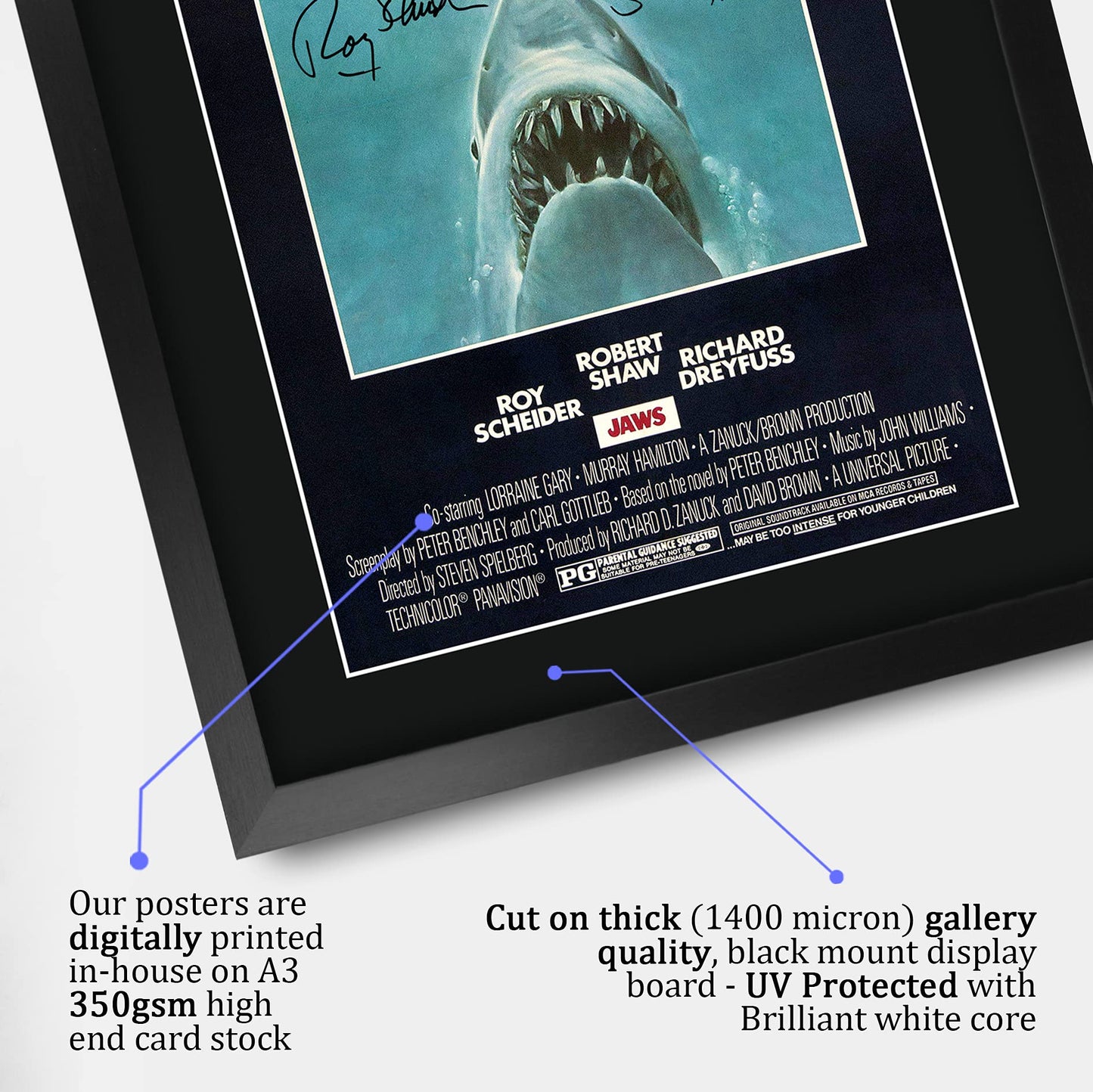 HWC Trading A3 FR JAWS Movie Poster Cast Signed Gift FRAMED A3 Printed Autograph Film Rob Scheider Robert Shaw Richard Dreyfuss Gifts Print Photo Picture Display