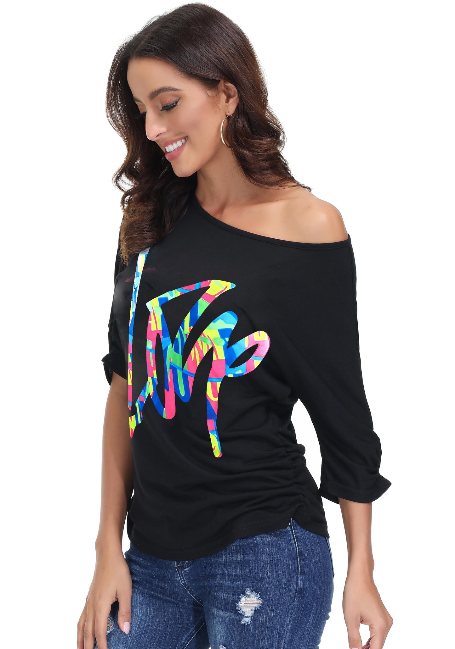 ELFIN 80s T Shirt Fancy Dress Costume for Women Off Shoulder Tops Sexy Lips Printed Casual Jumper Shirts