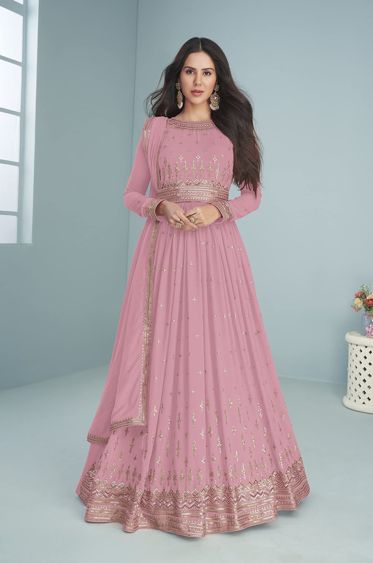 ZUVAANYA Ready to Wear Indian/Pakistani Party Wear Women's Embroidery Faux Georgette Anarkali Floral Gown for Women Pink