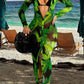 JerXox Sexy Mesh Cover Ups Dress for Women Button Down Beach See Through Long Sleeve Swimwear Tropical Dresses Green Leaf