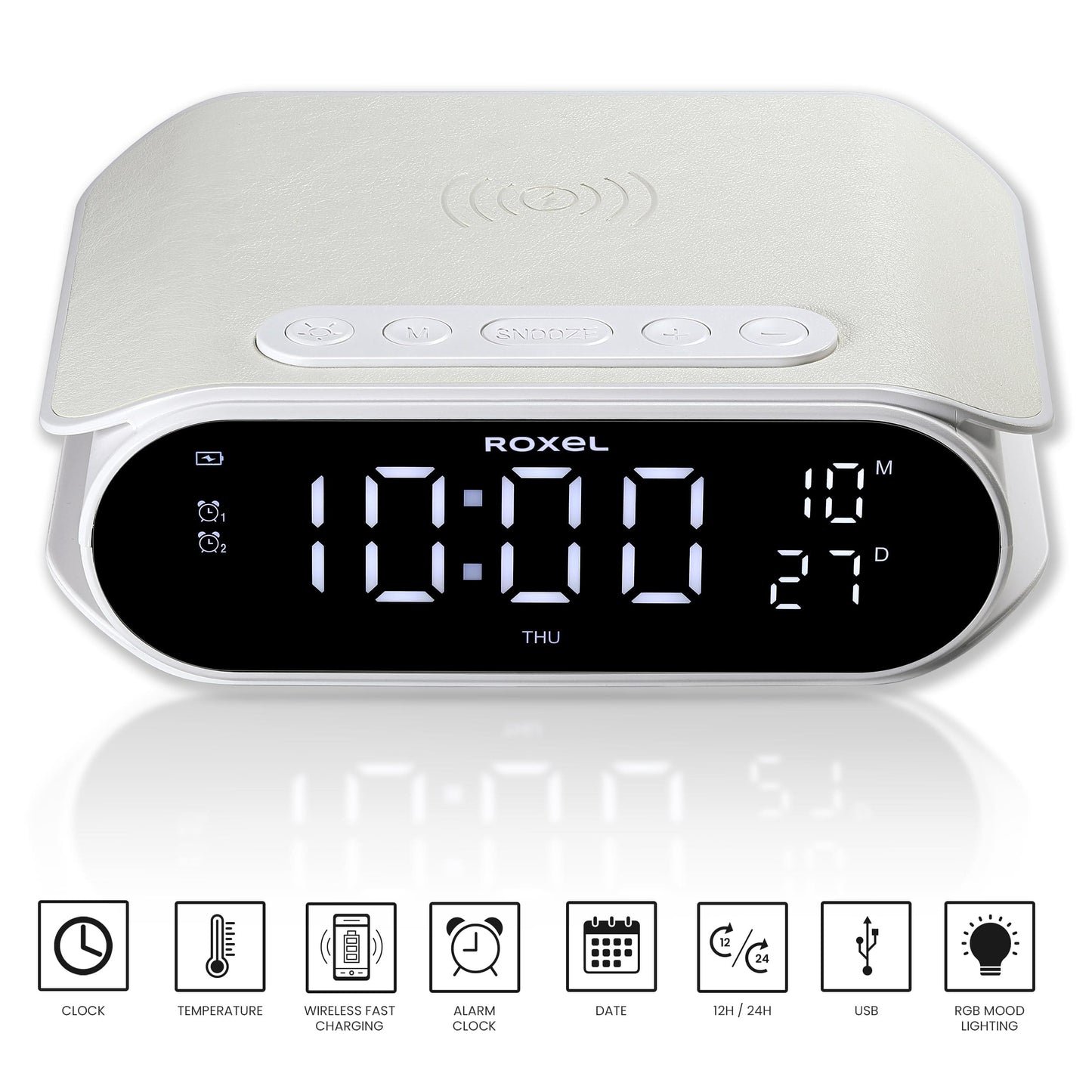 Roxel RAC-10 Bedside Alarm Clock With Super Fast Wireless Charging (5W/10W/15W), For iPhone & Samsung, USB Charger, Mood Lighting Night Lamp function Dimmable LED Display (White)