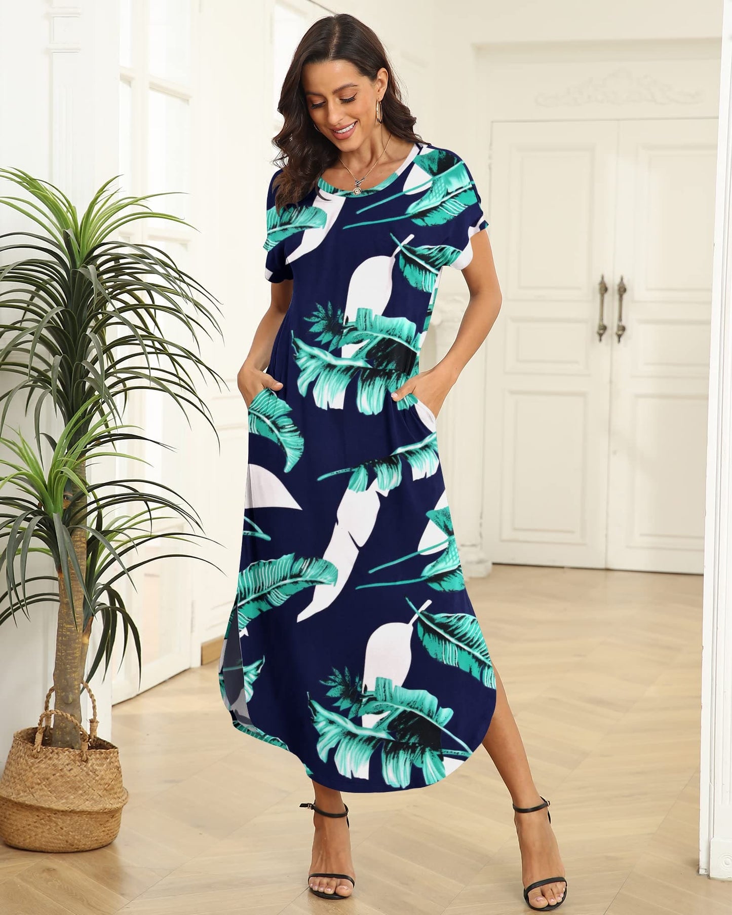 AUSELILY Women Summer Maxi Dress Casual Floral Long Dresses Crew Neck Short Sleeve Maxi Dress Beach Cover Up T-Shirt Dress Long with Pocket Floral Print Blue M