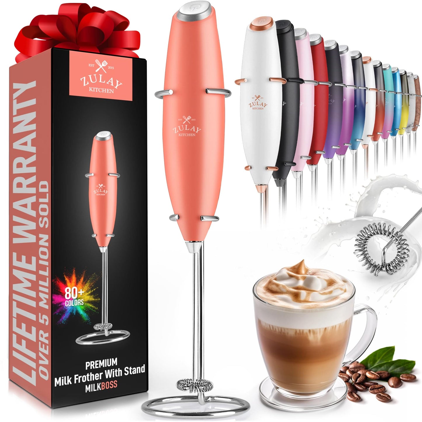 Zulay Milk Frother for Coffee (Batteries Included) - Milk Frother Handheld Foam Maker - Whisk Drink Mixer for Coffee, Mini Foamer for Cappuccino, Frappe, Matcha - Coffee Frother (Peach/Cream)