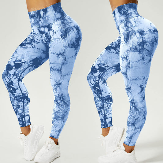 ZAAYO Tie Dye Gym Leggings Seamless for Women Scrunch Bums Leggings High Waist Sport Leggings Seamless for Yoga Gym Workout Fitness Light Blue XL