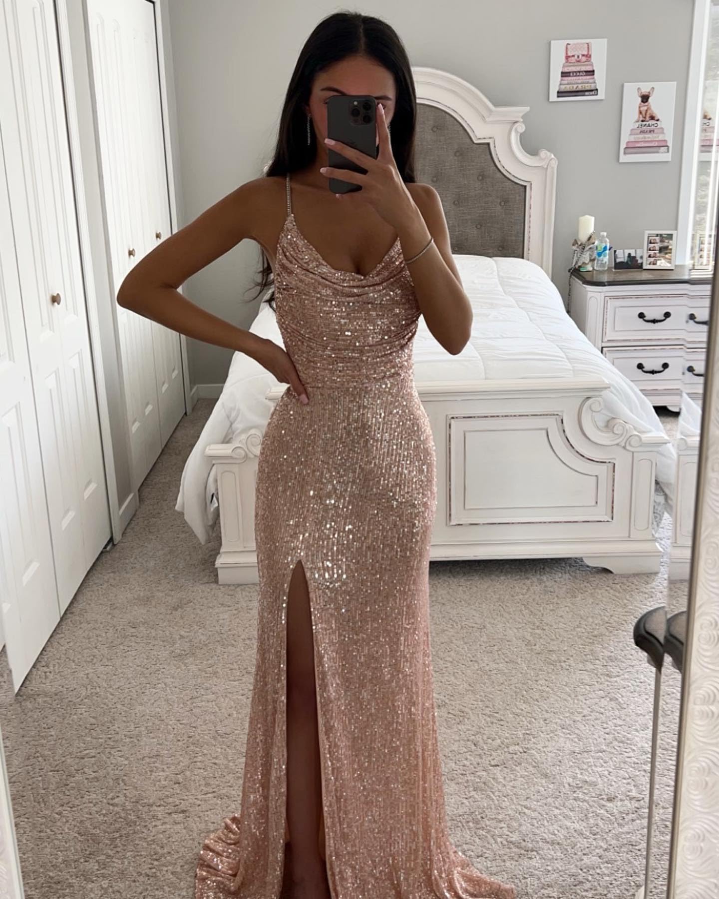 PAVERJER Sequin Prom Dresses for Teens 2024 Mermaid Formal Dress Long Cowl Neck Evening Party Gown with Slit Red Size 8