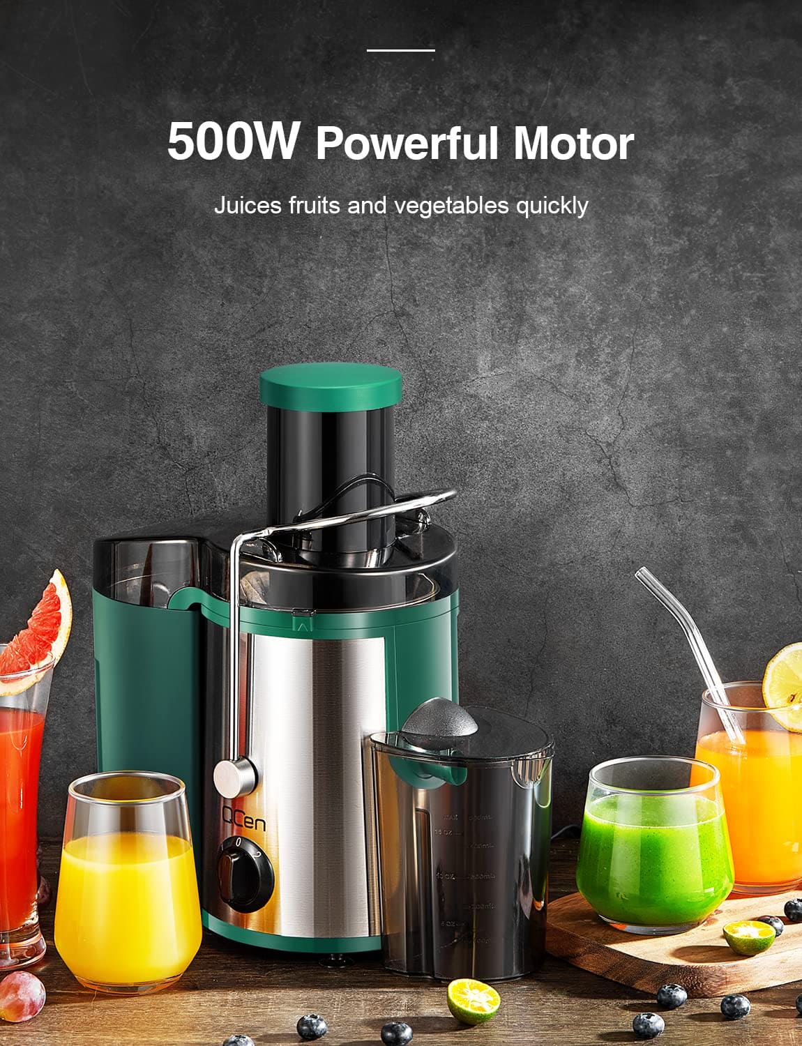 Qcen Juicer Machine, 500W Centrifugal Juicer Extractor with Wide Mouth 3” Feed Chute for Fruit Vegetable, Easy to Clean, Stainless Steel, BPA-free (Green)