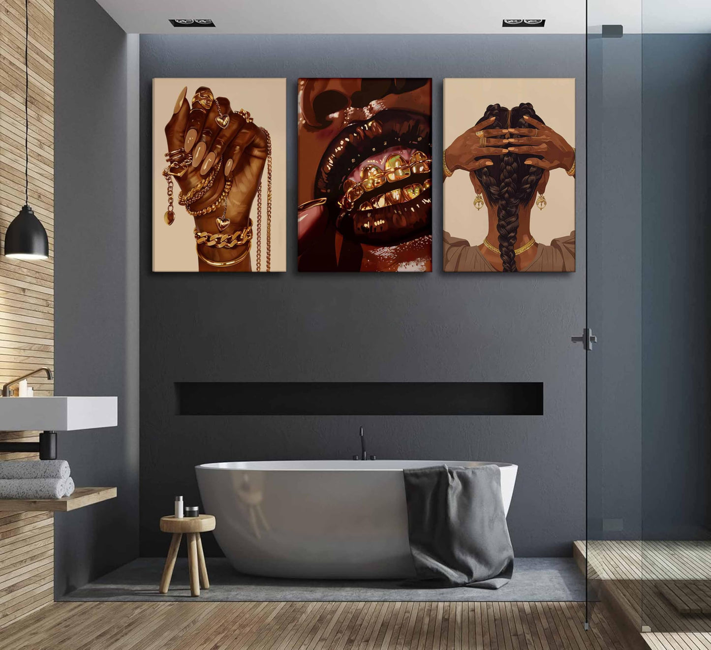 3 Pcs African American Woman Canvas Wall Art Fashion Afrocentric Black Girl Grill Melanin Paintings Pictures Wall Decor Poster Print Artwork for Living Room Bedroom Home Decoration (Canvas, 16x24in)