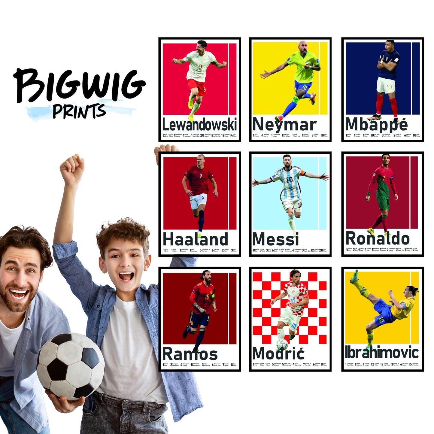 BigWig Prints Soccer Posters - Soccer Bedroom Decor For Boys, Messi Soccer Poster, Soccer Room Decor For Boys, Ronaldo And Messi Poster, Messi Posters For Boys Bedroom - Unframed Set Of 9 (8x10”)