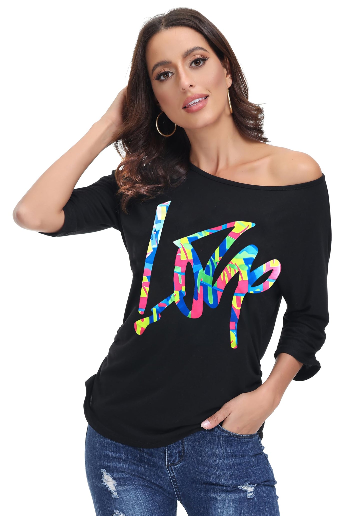 ELFIN 80s T Shirt Fancy Dress Costume for Women Off Shoulder Tops Sexy Lips Printed Casual Jumper Shirts