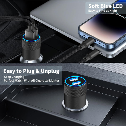 [Apple MFi Certified] iPhone Fast Car Charger, Rombica 4.8A Dual USB Smart Power Cigarette Lighter USB Car Charger+2Pack Lightning to USB Braided Cable for iPhone 14 13 12 11 Pro/XS Max/XR/SE/X/8/iPad