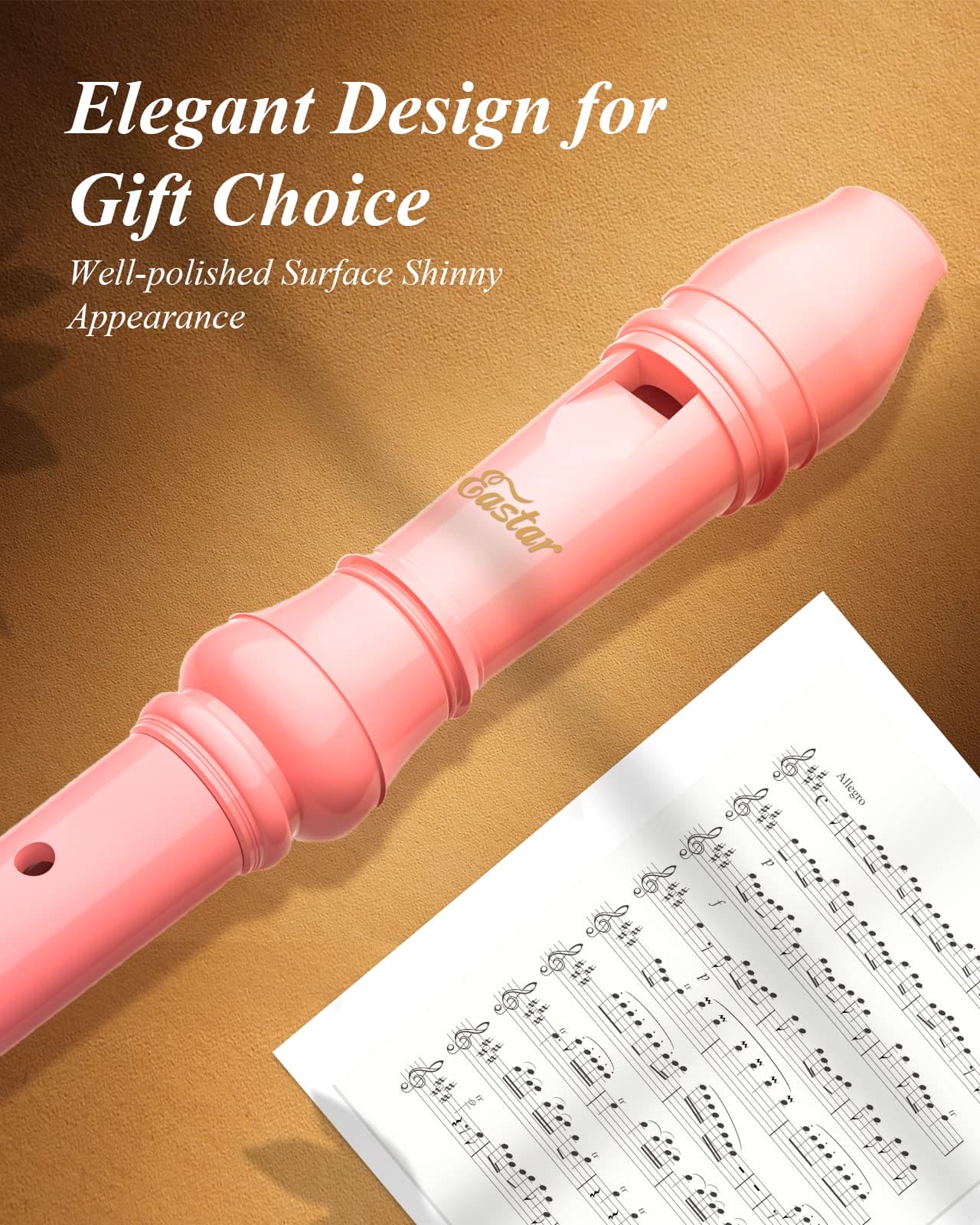 Eastar Soprano Recorder Instrument for Kids Beginners, German Fingering C Key Recorder Instrument 3 Piece with Cleaning Kit, Thumb Rest, Cotton Bag, Fingering Chart, ERS-21GP, Pink, School-Approved