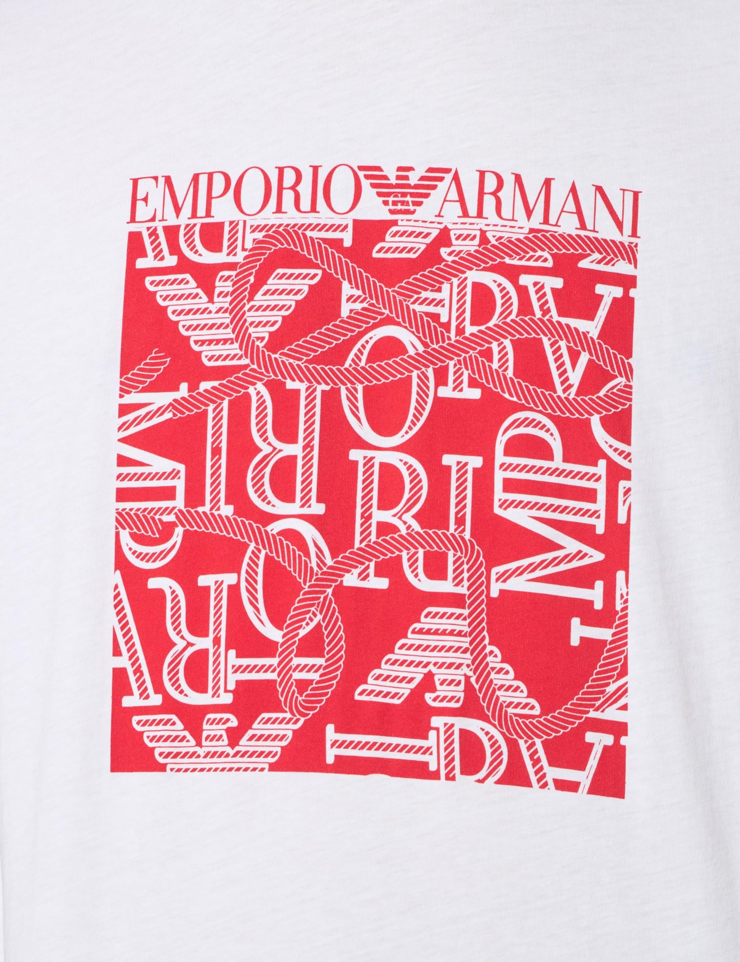 Emporio Armani Men's Ropes Macro Logo Crew Neck T-Shirt, White/RED Print, M