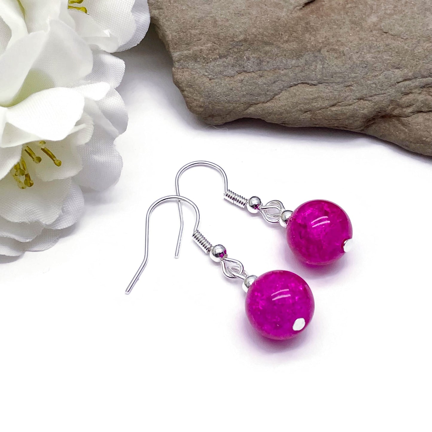 Hot Pink Crackle Glass Bead Earrings - 10mm Round Beads on Nickelfree Hooks