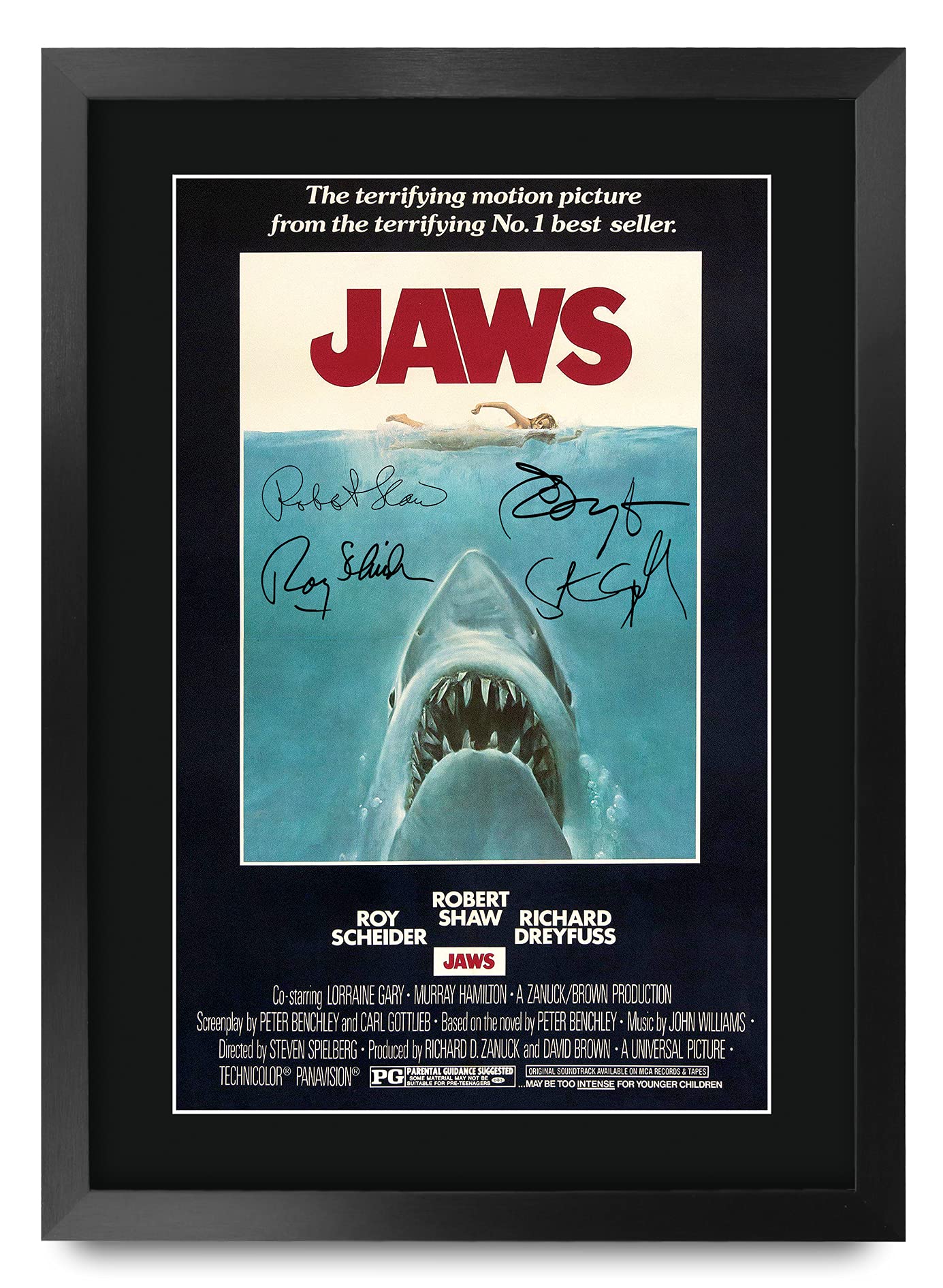 HWC Trading A3 FR JAWS Movie Poster Cast Signed Gift FRAMED A3 Printed Autograph Film Rob Scheider Robert Shaw Richard Dreyfuss Gifts Print Photo Picture Display