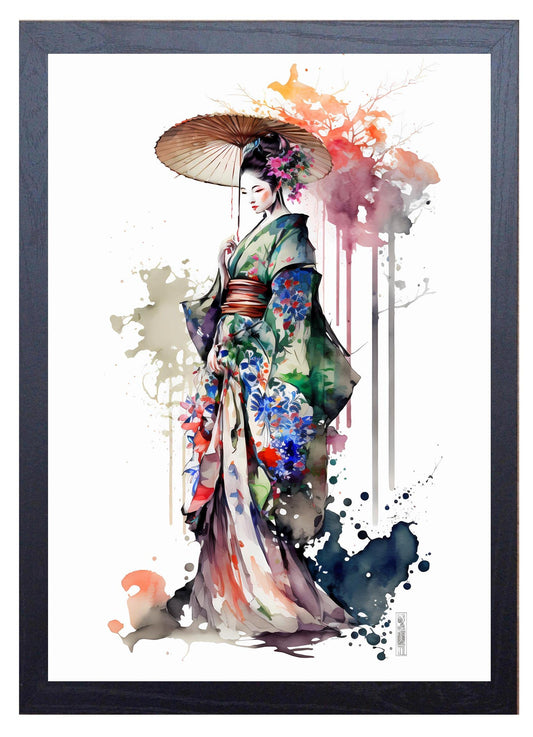 Beauitiful vivid fine art print of a Japanese Geisha Girl painting (picture 1) Print size 29.7cm x 21cm