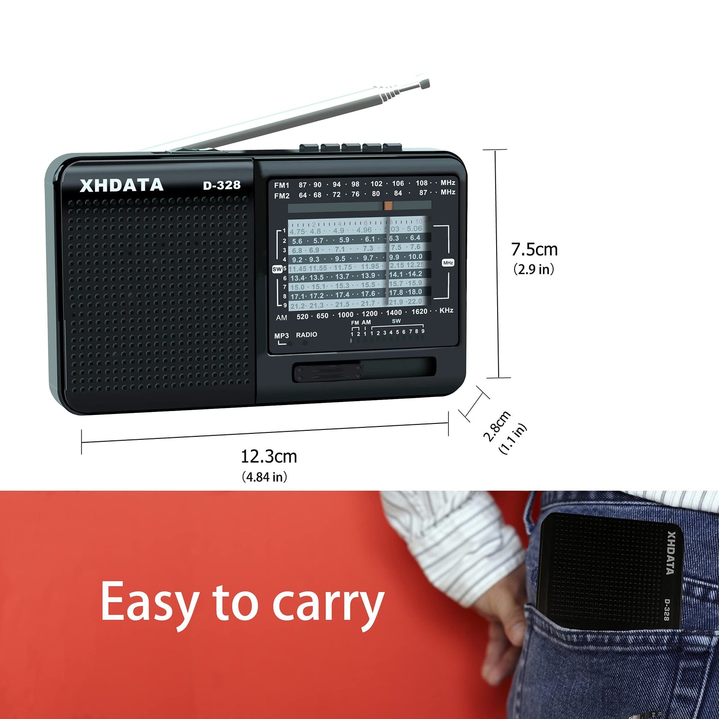 XHDATA D-328 Radio Portable FM AM SW Support TF Card MP3 Pocket Radio with Rechargeable Battery Black