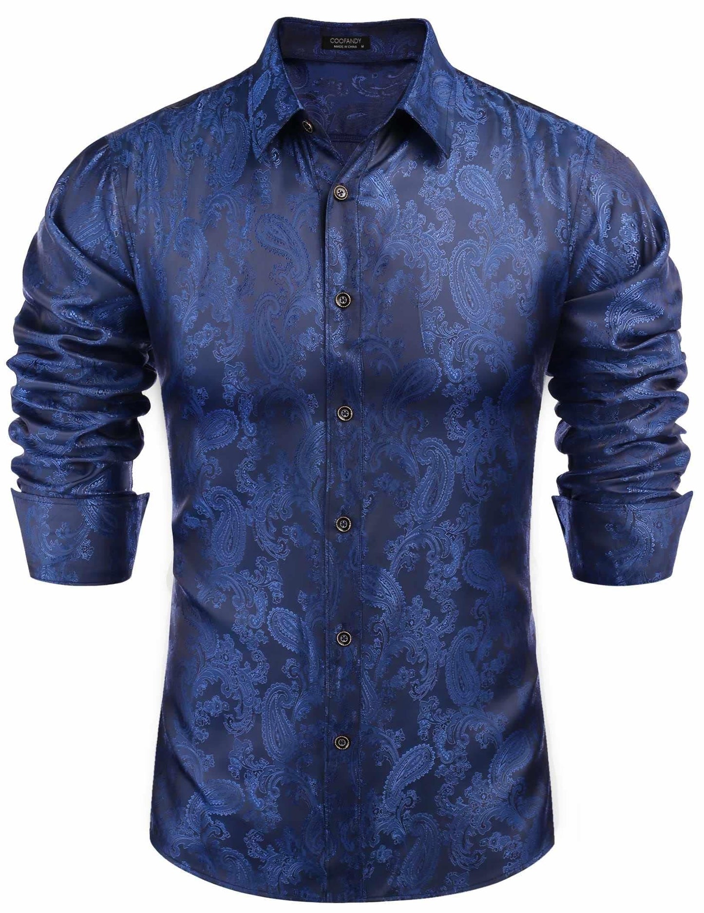 COOFANDY Mens Floral Rose Printed Long Sleeve Dress Shirts Prom Wedding Party Button Down Shirts (Navy blue)