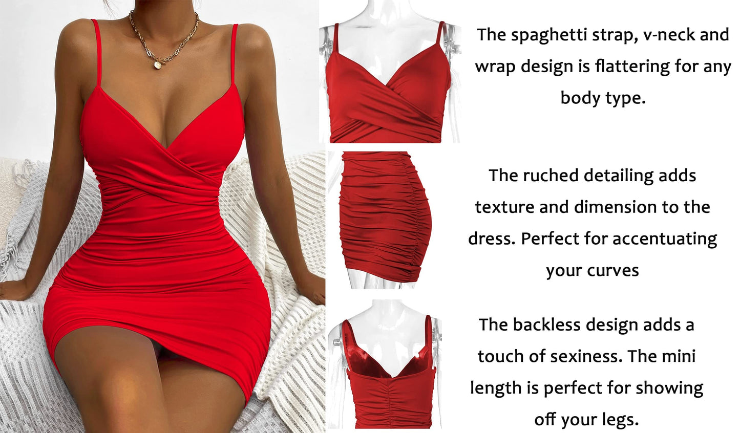 Zesoyne Womens Sexy Mini Dress Bodycon Ruched Tank Dress Spaghetti Strap Vneck Party Club Short Wrap Cami Dress Clubwear X-Small Red