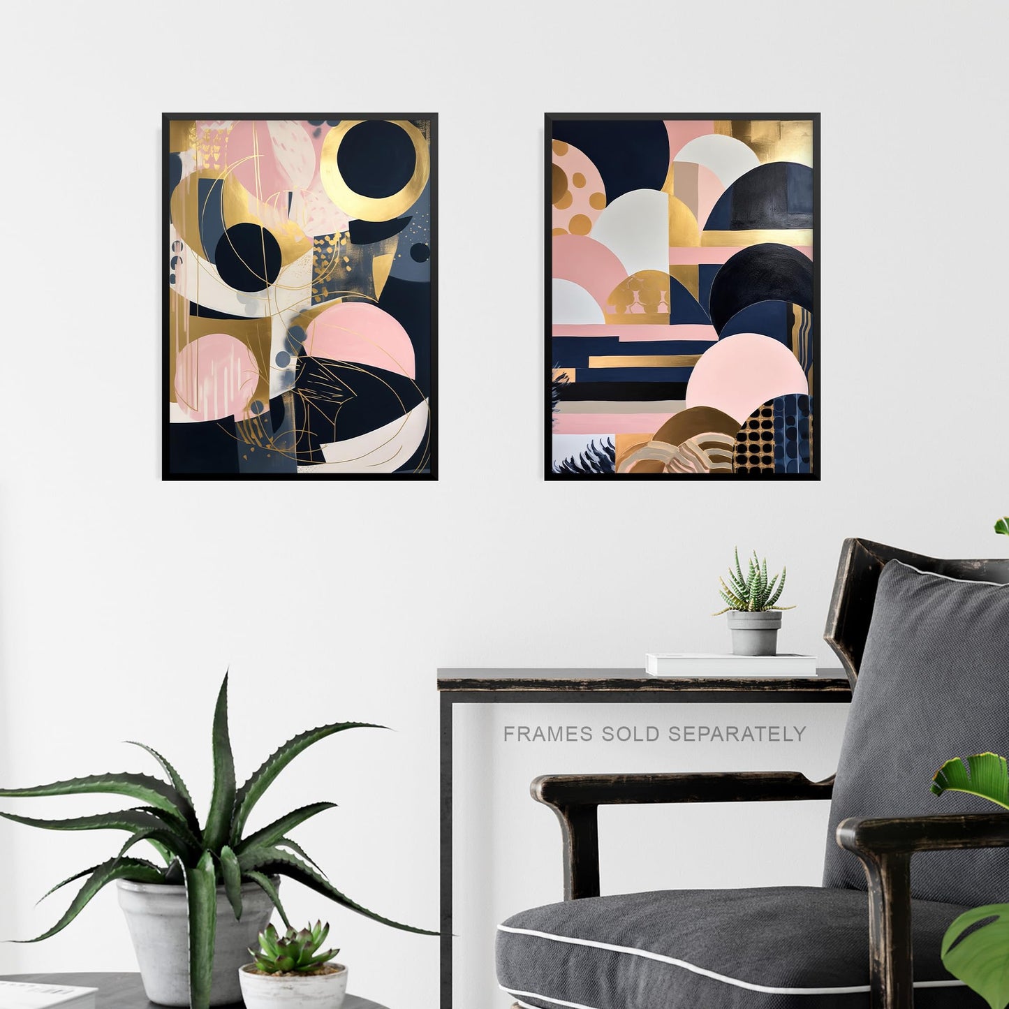 Artery8 Set of 3 A4 Abstract Boho Art Deco Paintings Gold Pink Navy Blue Geometric Shapes and Patterns Unframed Wall Art Living Room Poster Prints Pack