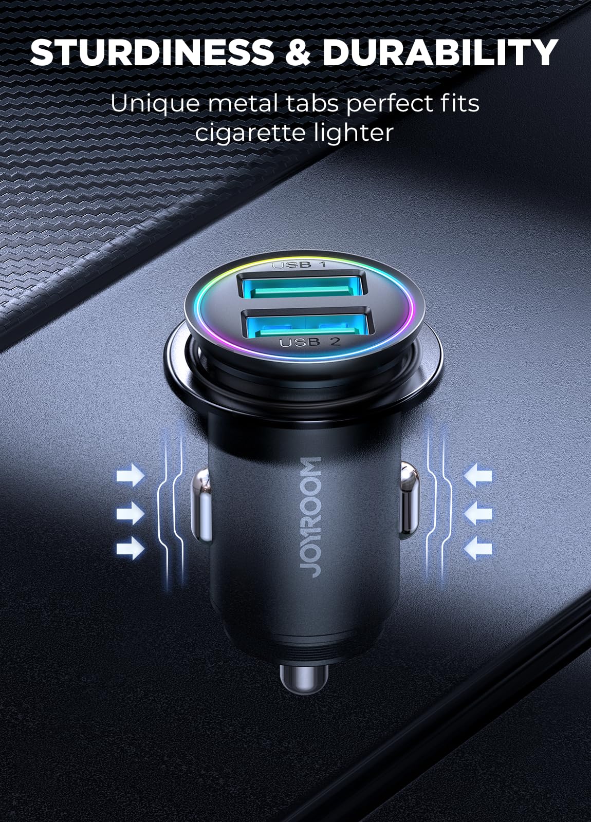 JOYROOM Car Charger Adapter 4.8A Dual Port Cigarette Lighter USB Charger All Metal Mini Car Phone Charger with Type C Coiled Cable 12V USB Socket for iPhone 15 14 13 12 Pro Max Samsung S23 S22 etc