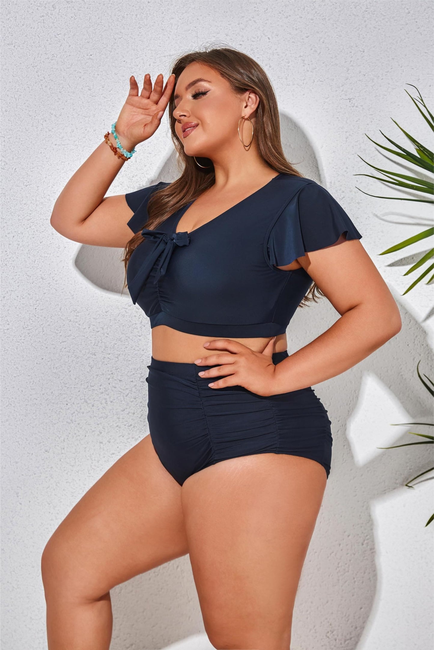 Hanna Nikole Women Push Up Swimwear V Neck Tummy Control Bikini Summer for Chubby Navy Blue 22