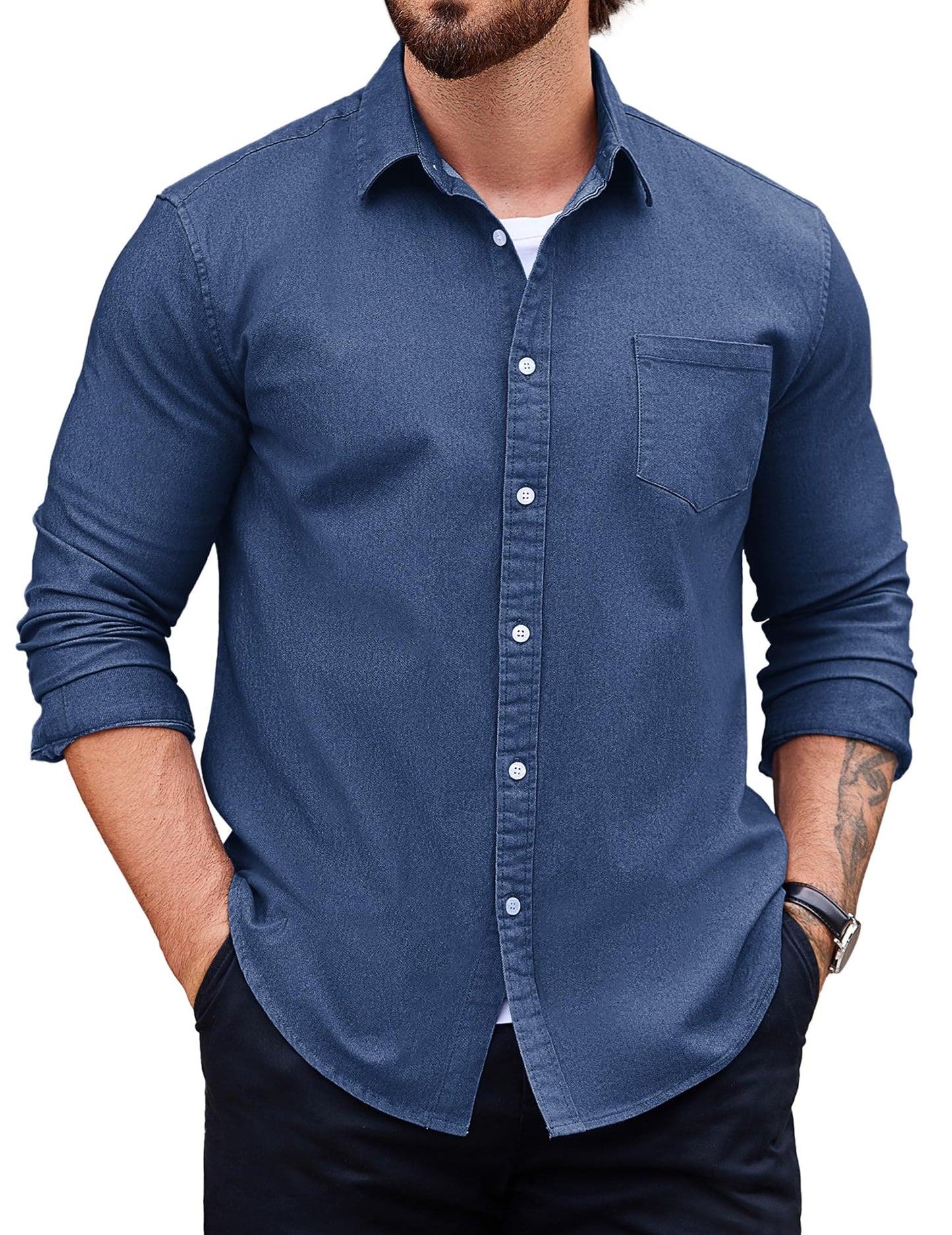 COOFANDY Mens Casual Dress Shirt Long Sleeve Button Down Shirts Untucked Shirts Slim Fit Clear Blue