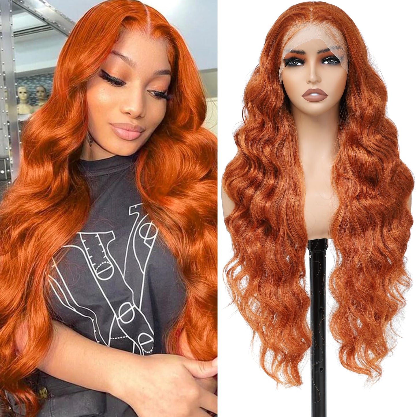 Humistwbiu Body Wave Wigs 13x6 Lace Front Wig Pre-Plucked Hairline with Baby Hair Transparent Swiss Lace Heat Resistant Synthetic Hair Glueless Lace Front Wavy Wigs for Women 32 Inch (#Ginger）