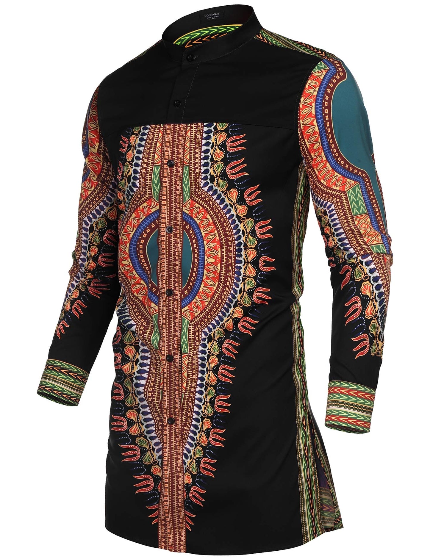 COOFANDY Men's African Dashiki Print Shirt Long Sleeve Button Down Shirt Bright Color Tribal Top Shirt Black