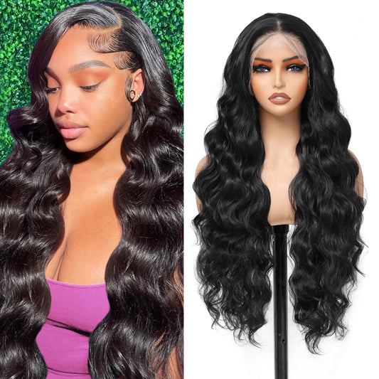 Humistwbiu Body Wave Wigs 13x6 Lace Front Wig Pre-Plucked Hairline with Baby Hair Transparent Swiss Lace Heat Resistant Synthetic Hair Glueless Lace Front Wavy Wigs for Women 32 Inch (#Black）