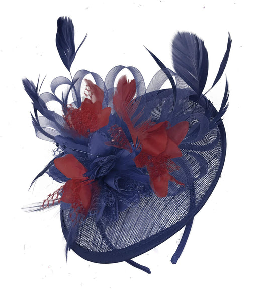 Navy Blue and Burgundy Sinamay Disc Saucer Fascinator Hat for Women Weddings Headband