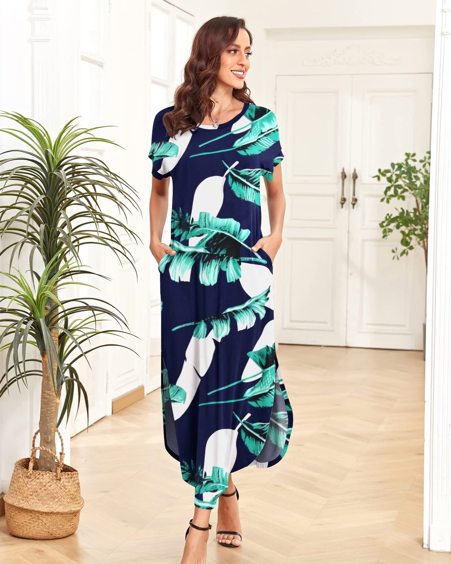 AUSELILY Women Summer Maxi Dress Casual Floral Long Dresses Crew Neck Short Sleeve Maxi Dress Beach Cover Up T-Shirt Dress Long with Pocket Floral Print Blue M