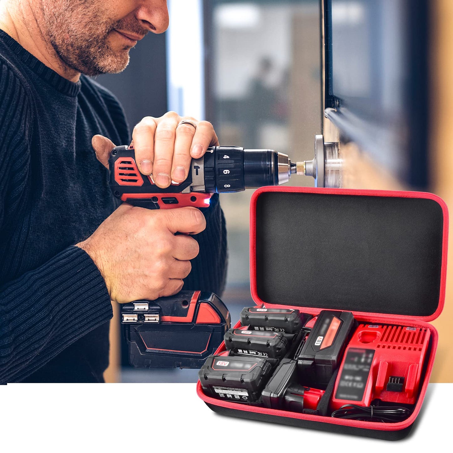 Extra Large Battery Hard Carrying Case, For Milwaukee M18 18V/ M12 12V Battery and Charger, Batteries Box Holder for 2.0/3.0/4.0/6.5/5.0/8.0/6.0/9.0-Ah Batteries, Adapter (Bag Only) - Black