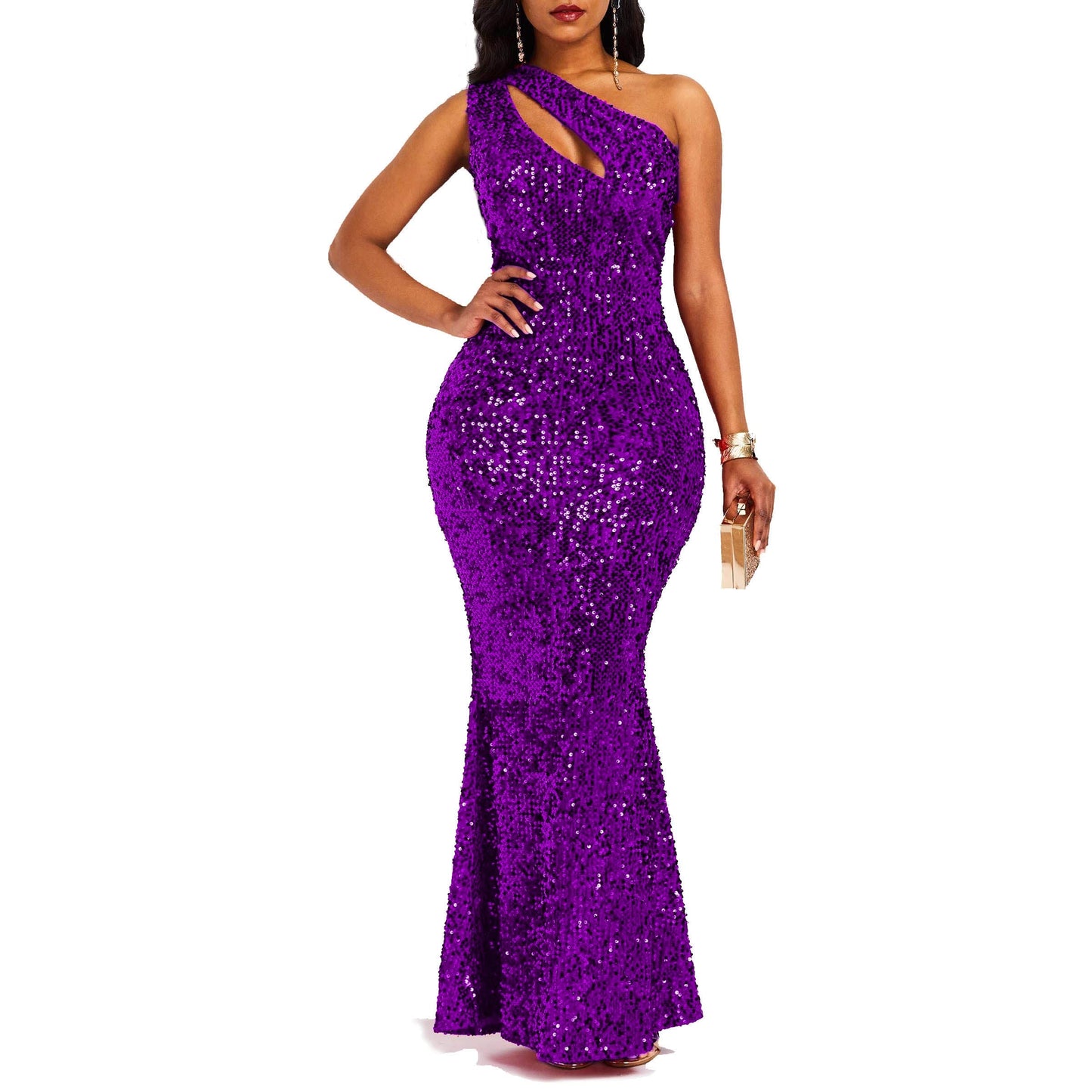 VERWIN Sequins Fashion Sleeveless Oblique Collar Mermaid Women's Maxi Dress Bodycon Dress Party Dress (Medium, Purple)