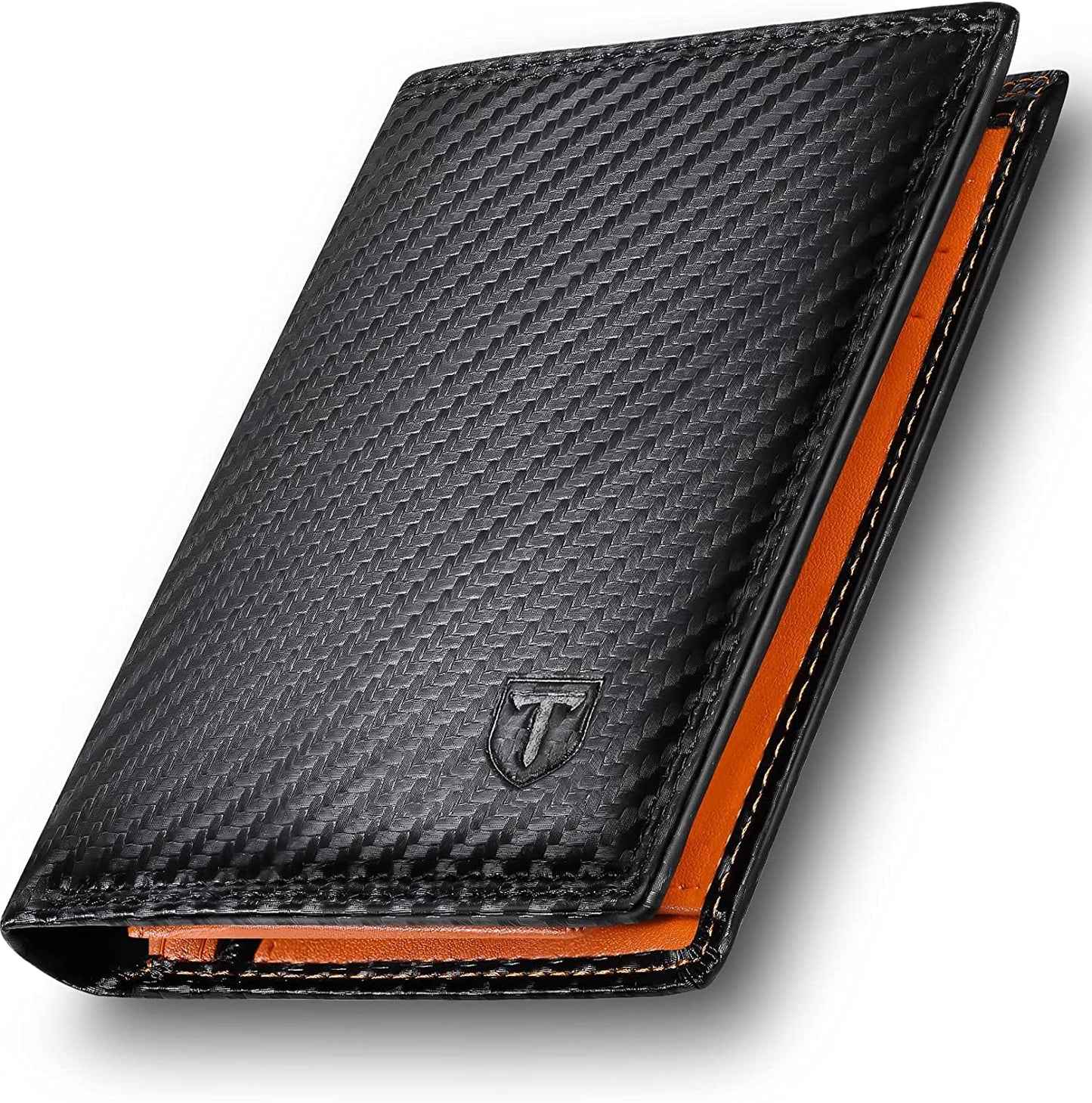 TEEHON Wallets RFID Blocking, Carbon Fiber Leather for Men UK, 12 Credit Card Holders & ID Window & Coin Pocket & 2 Banknote Compartments, Bifold Wallet with Gift Box - Black & Orange