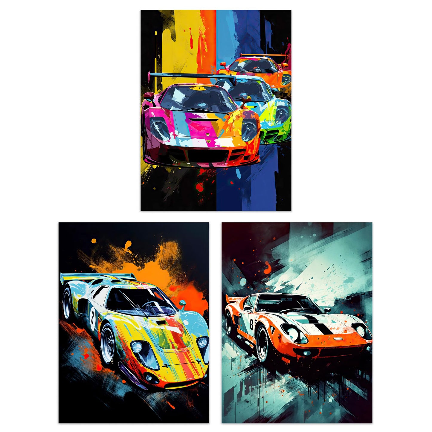 Artery8 Set of 3 A4 Racing Car Motorsport Grand Prix Paintings Bright Colourful Mancave Gift For Him Unframed Wall Art Living Room Poster Prints Pack