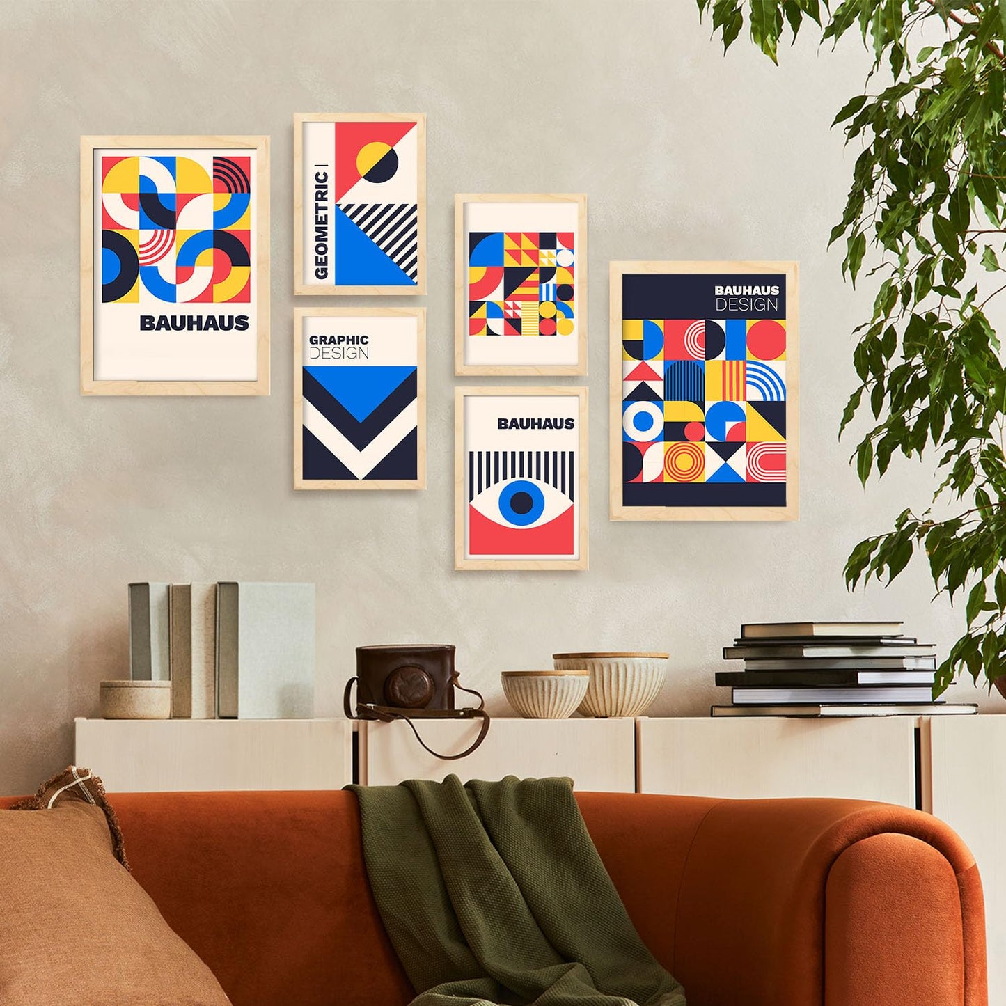 Nacnic Set of 6 Prints in Bauhaus Style 6. Geometric design style Prints with frames Decorative frames for your living room, bedroom, home. Wall art print. Sizes A4 and A3 with Lightwood frames