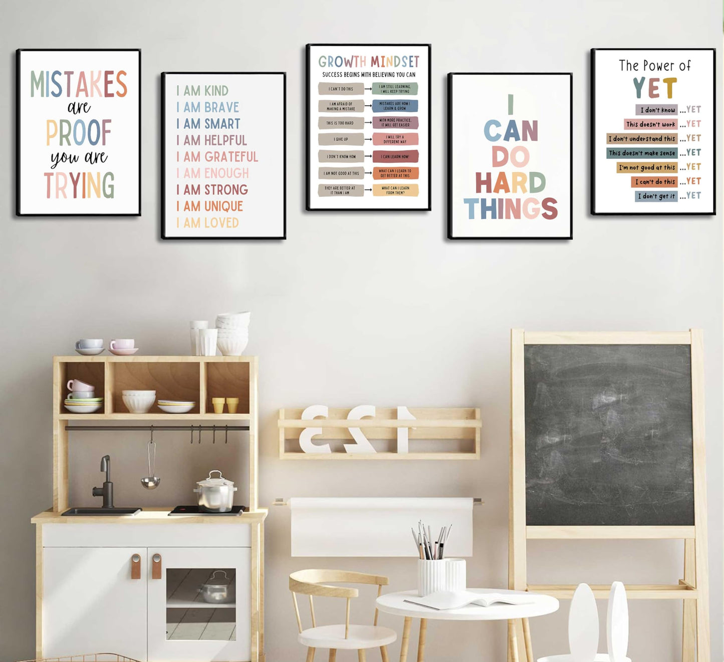 6Pcs Educational Growth Mindset Wall Art Kids Mental Health Therapy Canvas Paintings Positive Affirmations Wall Decor Boho Motivational Quotes Posters Prints for Nursery Classroom Picture Unframed